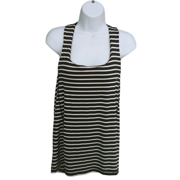ACX Athleisure Workout Wear Tank Top Black White Stripes Criss Cross Back M - Picture 1 of 8